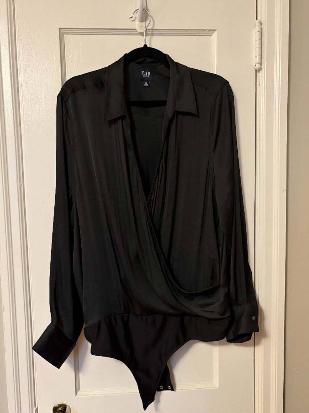 GAP Black Satin Look Wrap Long Sleeve Bodysuit XL